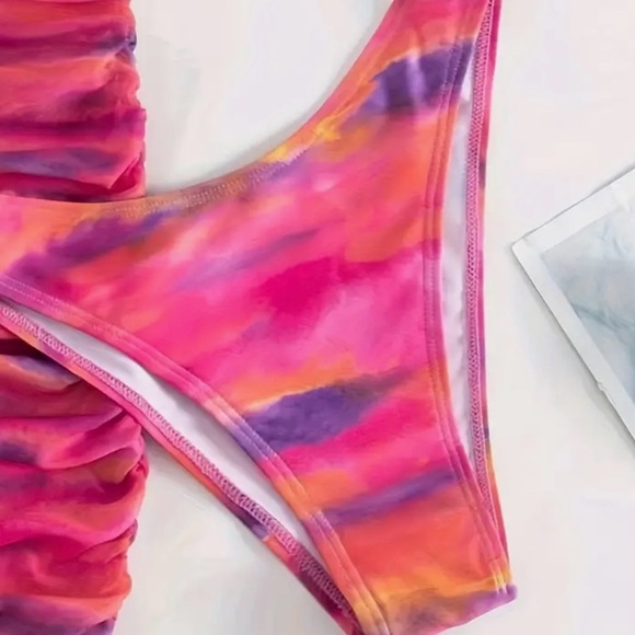 3pc Pink Ombre Halter High Cut Bikini Set With Ruched Cover Up Skirt - Picture 5 of 7